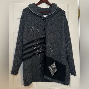 NorthStyle  Cardian Sweater Gray,‎ Black & White Embroidery Patchwork 1X